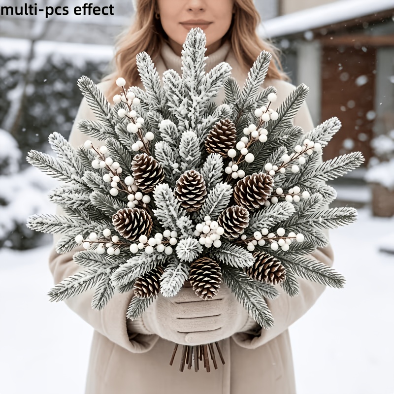 Artikelbild 12-teiliger künstlicher blumenstrauß, inspiriert von zedernzweigen, kiefernäpfeln und weißen  , zarte, schneebedeckte handwerkskunst, die eine realistische winteratmosphäre  , geschichtet und natürlich. hochsimulierendes material,   und farbecht, wiederverwendbar.