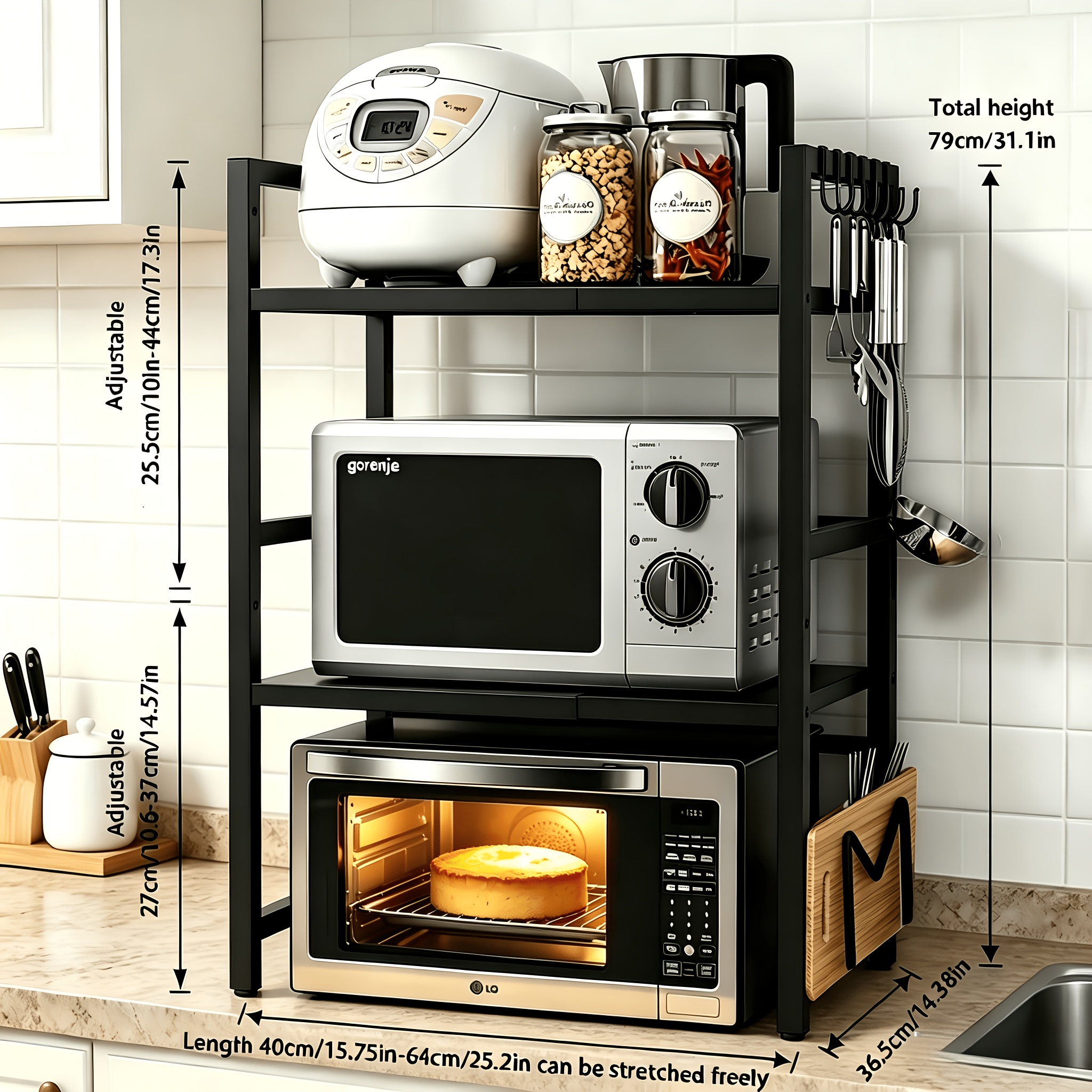TEMU 3-tier Extendable Microwave Oven Rack, Extendable Countertop Shelf, Multi-functional Storage Rack For Storing Kitchen Utensils And Tableware,