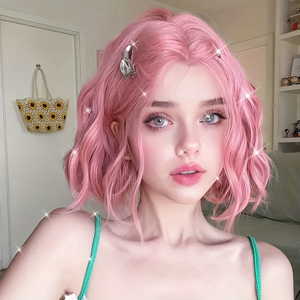 Image of Chic Short Curly Wig In Pink For Women, Featuring A Middle Part. Made From Heat-resistant Synthetic Hair, Ideal For Everyday Use And