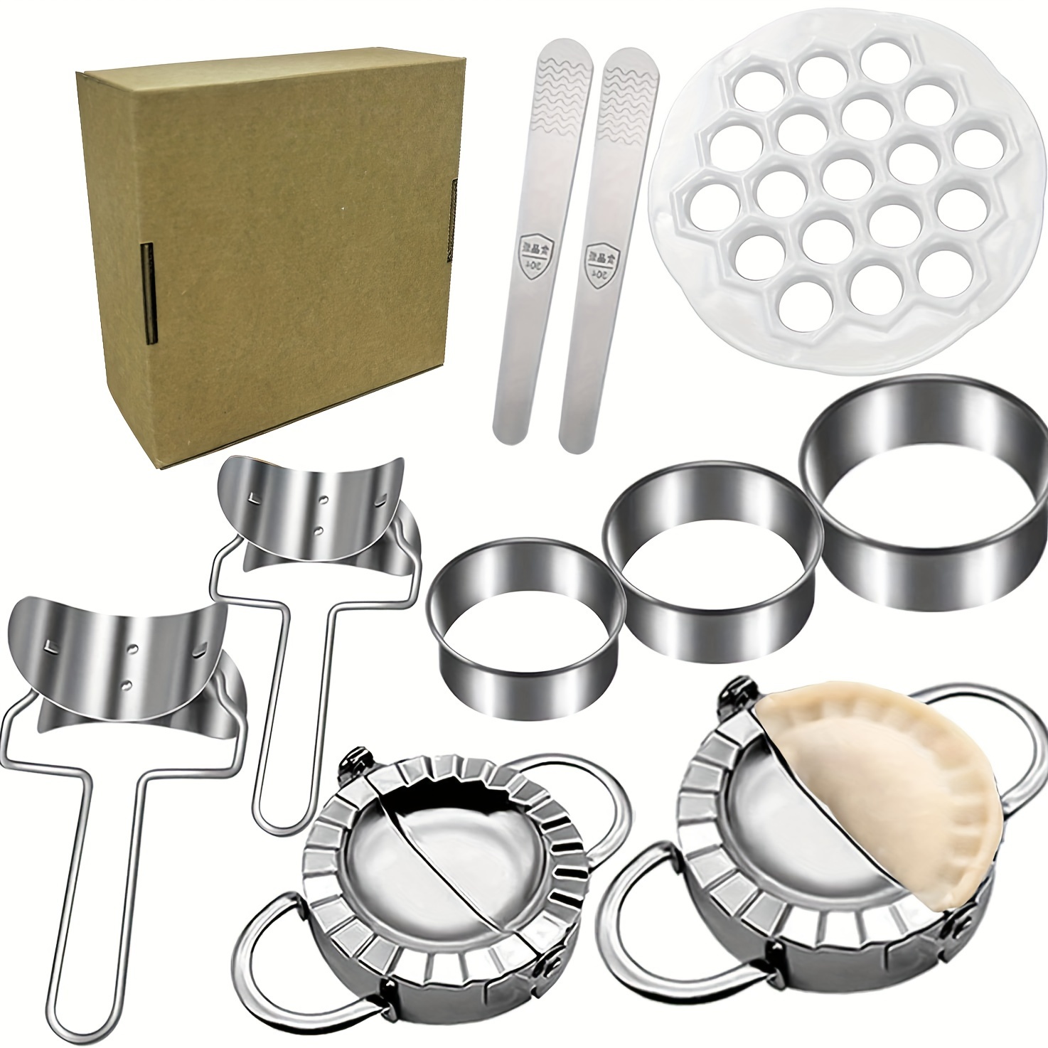 

10-piece Stainless Steel Dumpling Maker Set With Empanada Press And Dough Cutter, Reusable Round Dumpling Mold Kit For Pasta And Wonton, Hand Wash Recommended Container Set