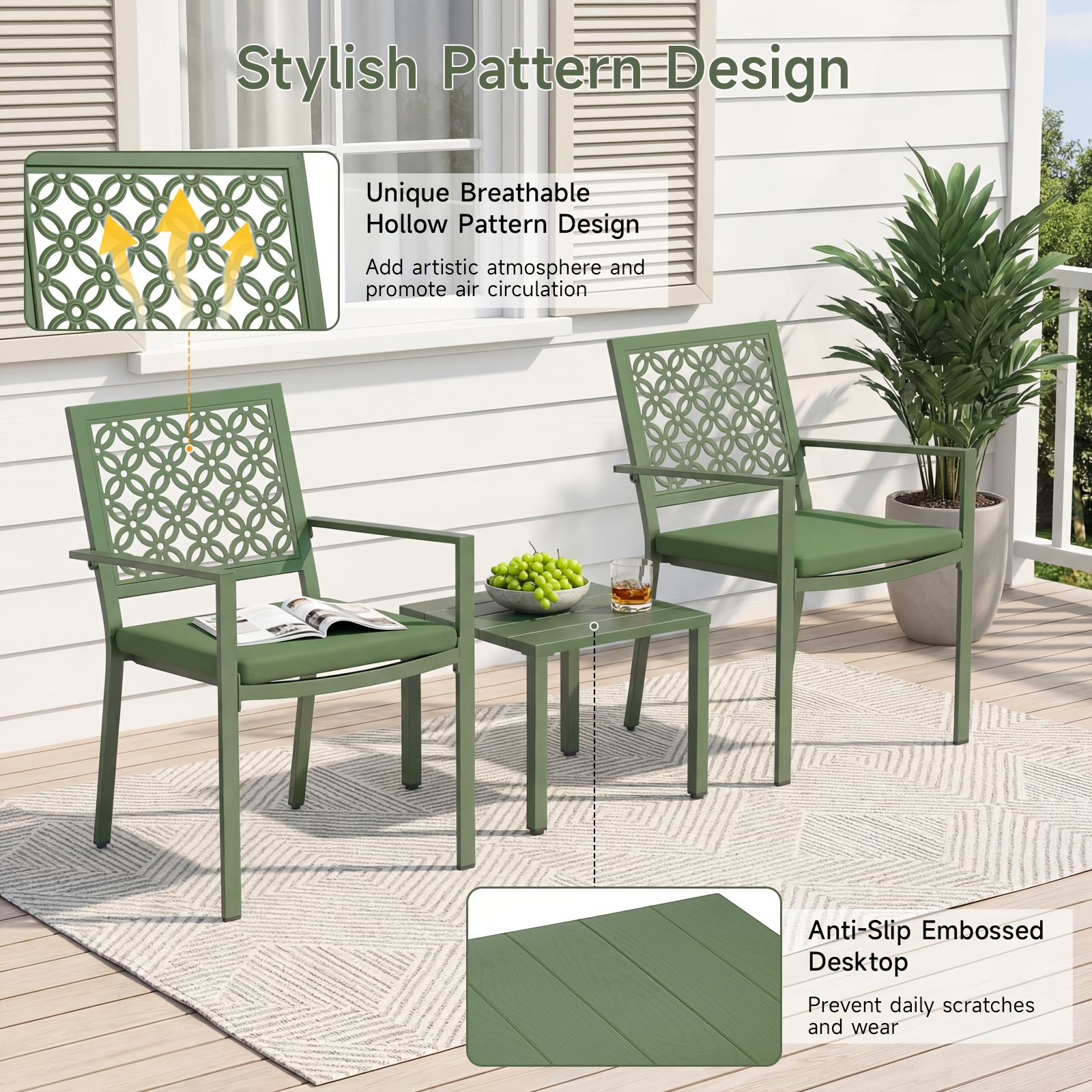 3pcs Outdoor Bistro Set, Stackable Metal Steel Outdoor Table And Chairs, Waterproof Rustproof Patio Furniture Conversation Set for Porch Garden Balcony Backyard, Sage Green