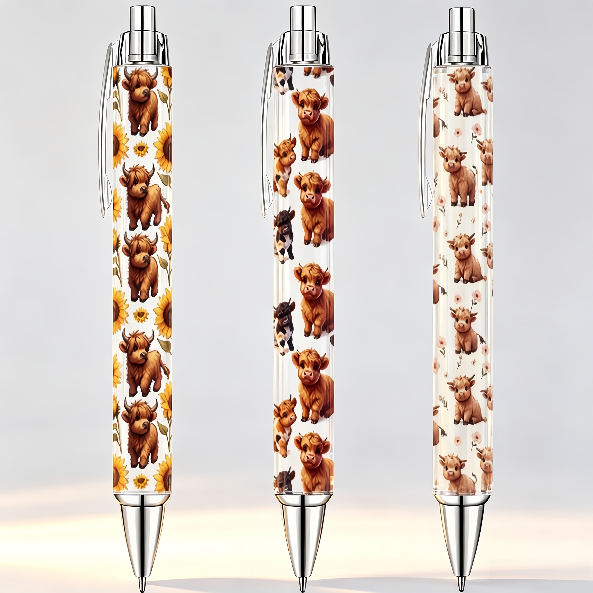 TEMU 3pcs Highland Cow Print Ballpoint Pens, Highland Cow Sunflower Floral Print Ballpoint Pens, 1.00mm Black Ink, Smooth Writing, Employee