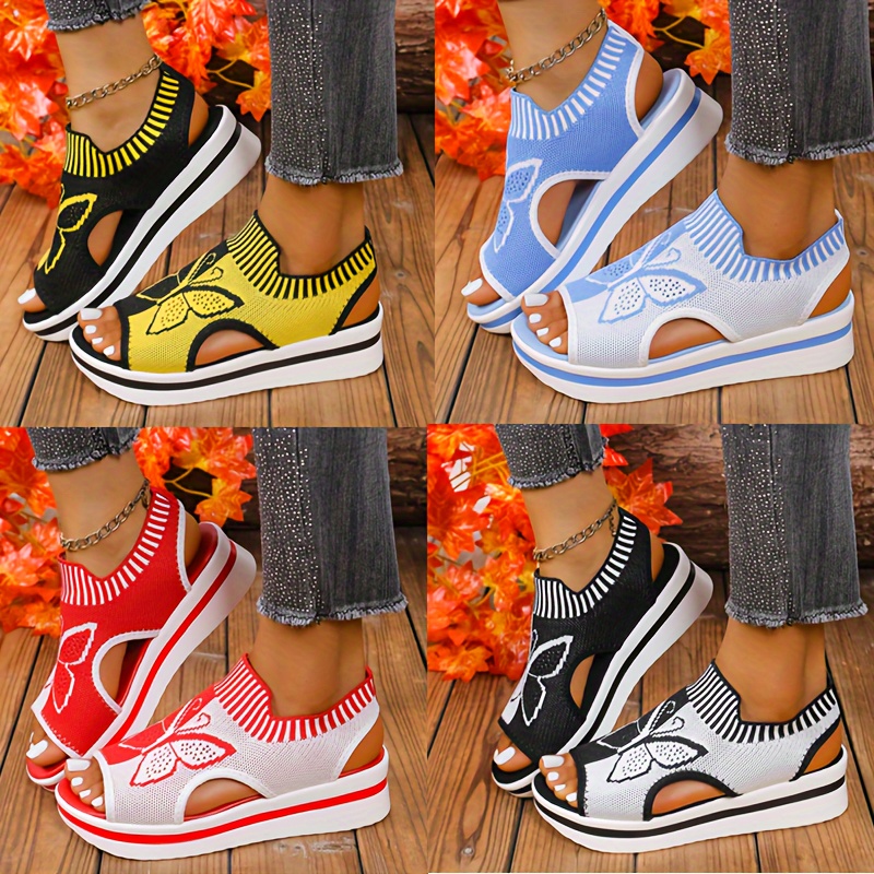 Women's Contrast Color Casual Sandals, Platform Slip On Knitted Walking Shoes, Butterfly Wedge Vacation Shoes
