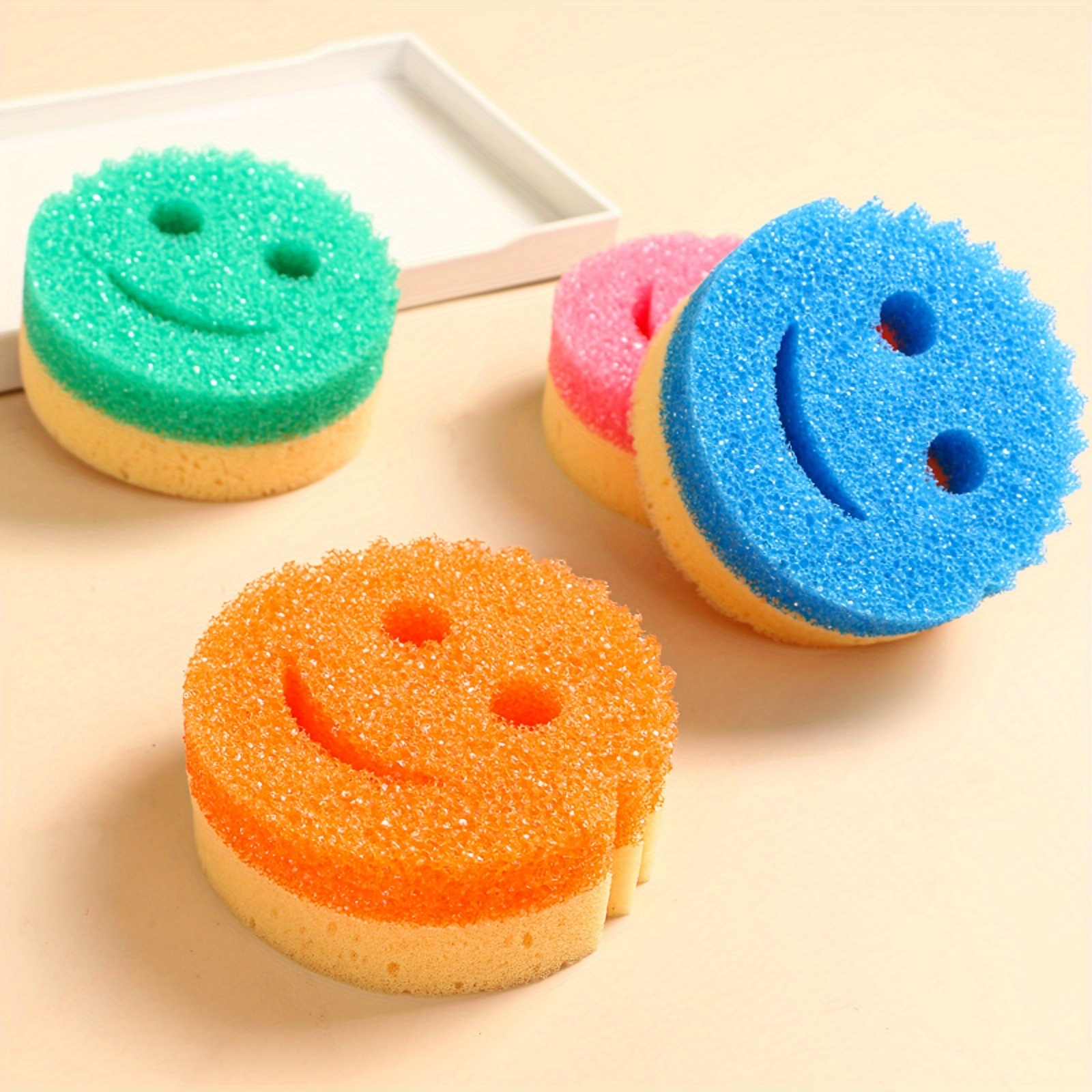 4pcs joyful Face Multi-Purpose Cleaning Sponges - Durable, Non-Scratch PC Material for Kitchen, Bathroom & More - Colorful, Cute Household Cleaning Pads for Dishes, Surfaces & Glass