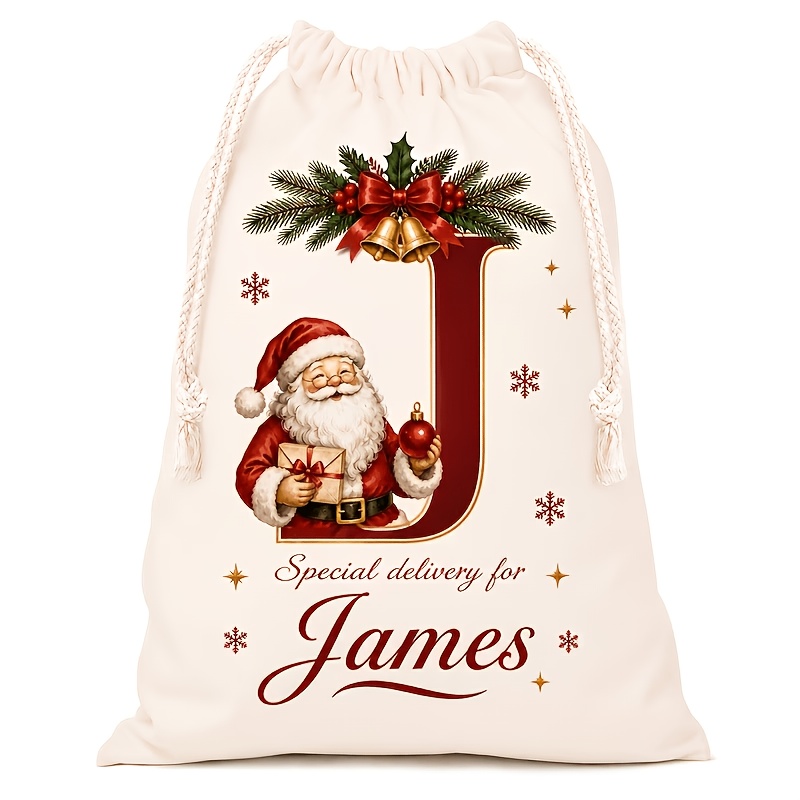 TEMU Personalized Initial And Name Christmas Canvas Gift Bag, , Custom Large With Pattern Painting Bag, Personalized Christmas Decoration Gift,