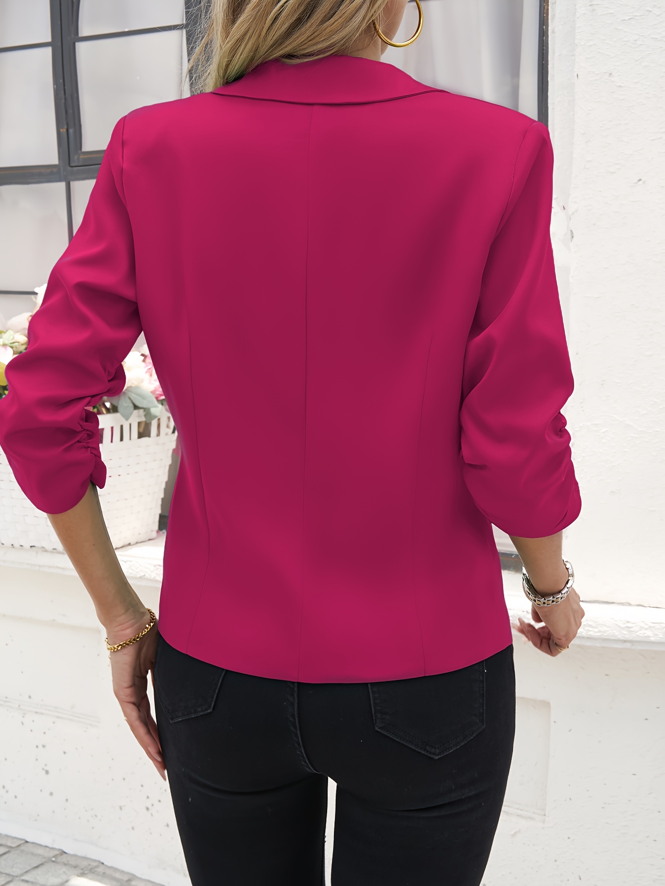 Women's Light Beige Casual Blazer - Open Front, 3/4 Sleeve, Polyester, Machine Washable, X-Shaped Silhouette, Perfect for Spring & Fall