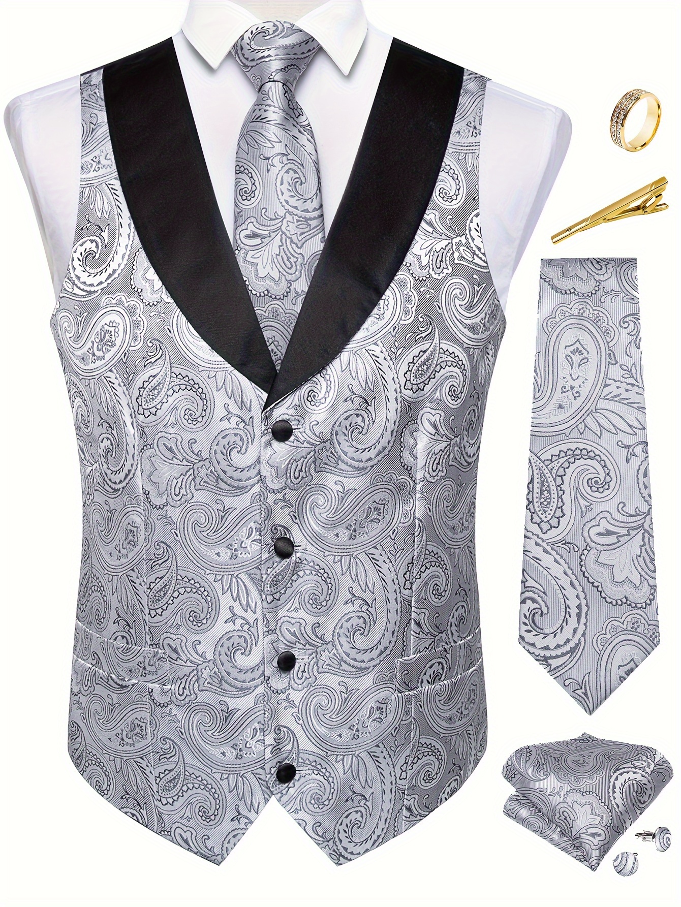 6pcs luxury mens tuxedo suit vest set polyester 100 sleeveless shawl collar waistcoat with matching neck tie pocket square cufflinks golden   clip motif   pattern   party wear