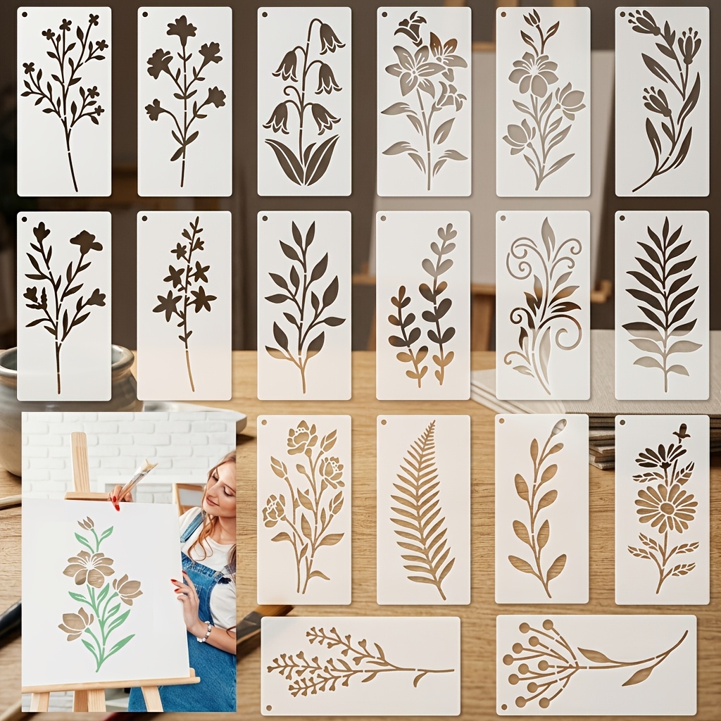 TEMU 18pcs Pcs Reusable Flower & Leaf Stencils Suitable For Wood, Wall, Fabric, Canvas Painting - Color Diy Templates With Multi-shape Leaf Patterns,