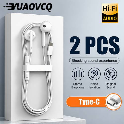 yuaovcq type c jack 2pcs wired earphones in ear earbuds voice call noise reduction and hifi stereo ultra low latency for iphone 15 pro max for etc type c usb c jack models gaming audio all in one headset