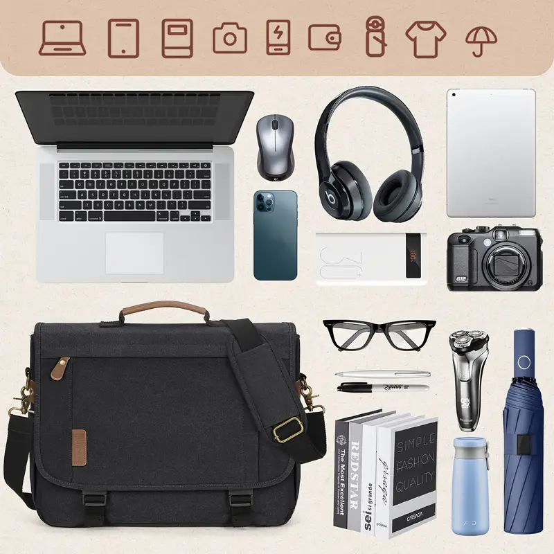 messenger bag for men 3 inch laptop bag canvas computer shoulder bag office work briefcase large casual satchel bags for men bookbag for college black details 3