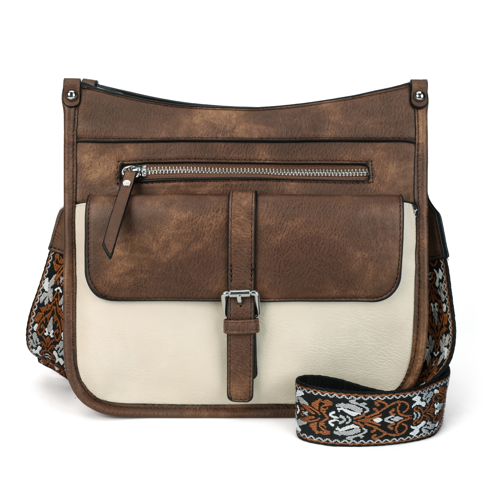 Image of Women's Fashionable Color- Crossbody Bag, Pu Casual Shoulder Bag, With Zippered Pocket And Adjustable Floral Shoulder Strap, Design, Versatile For Casual Attire.