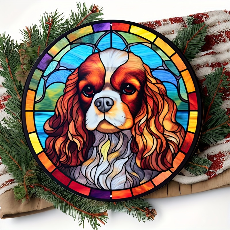 

1pc 8x8inch Aluminum Metal Sign Blue Cavalier King Charles Spaniel Stained Glass Look Sign, Metal Wreath Sign, Home Decor