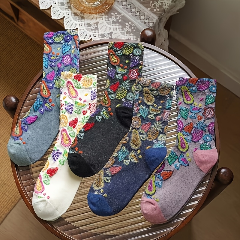 TEMU 5pairs Fashion Versatile Autumn Winter Women's Soft Comfortable Style 3d Relief Fruit Pattern Casual Mid-calf Socks