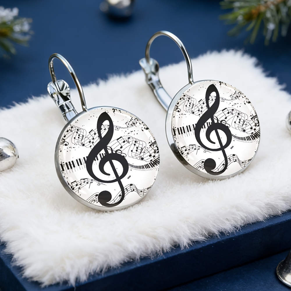 TEMU Black And White Musical Note French Earrings, Alloy Material, Glass Inlaid, Women's Fashion Gifts, Exquisite Earrings Suitable For Daily Wear