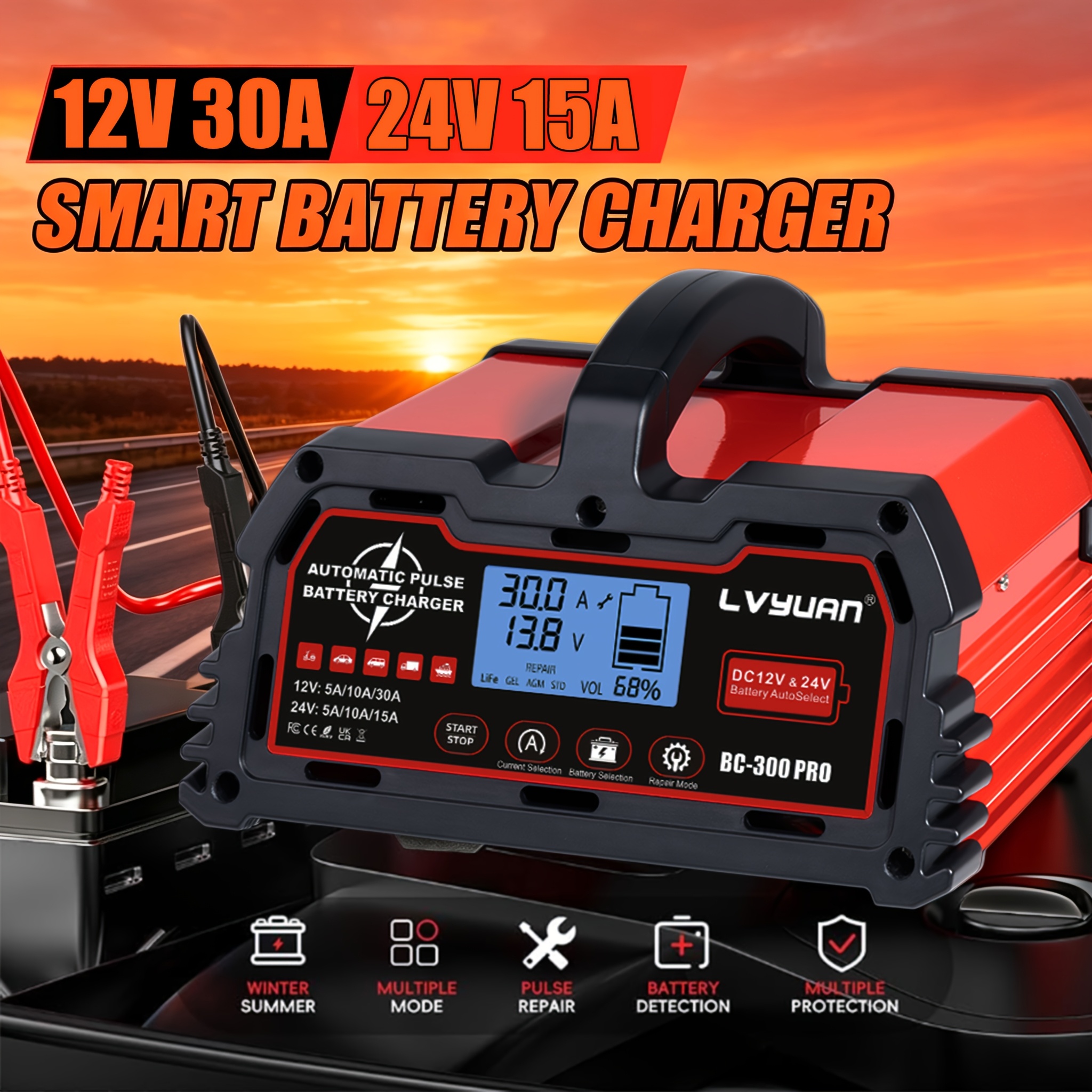 TEMU 12v/24v 30a Heavy-duty Car Battery Charger, Automatic Maintenance And Repair For Lifepo4 And Lead-acid Batteries, With Auto Shut-off, Winter