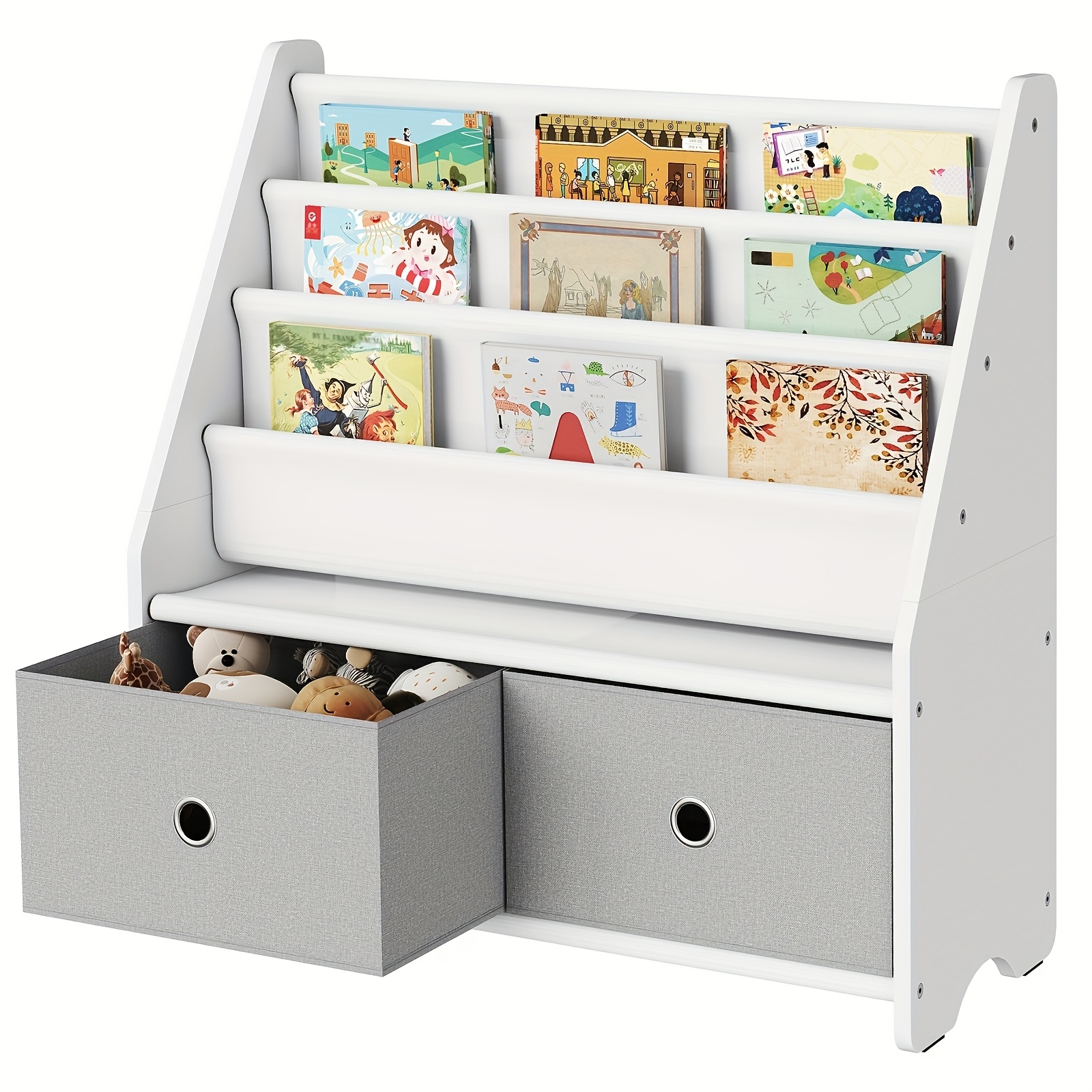 Image of Floor-standing Bookshelf Storage Unit With 2 Drawers. This Independent, Multi-functional Bookshelf Features 4 Shelves And 2 Fabric Drawers, Suitable For Studies And Rooms. White.