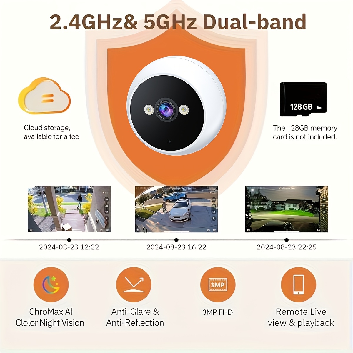 1296P Window Camera, 5ghz and 2.4ghz Dual-band WiFi Indoor and Outdoor Camera, Used for Home Security, with AI Color Night Vision, AI Motion Detection, Easy and Quick Installation, IPX6, Self-adhesive Installation/bracket Installation