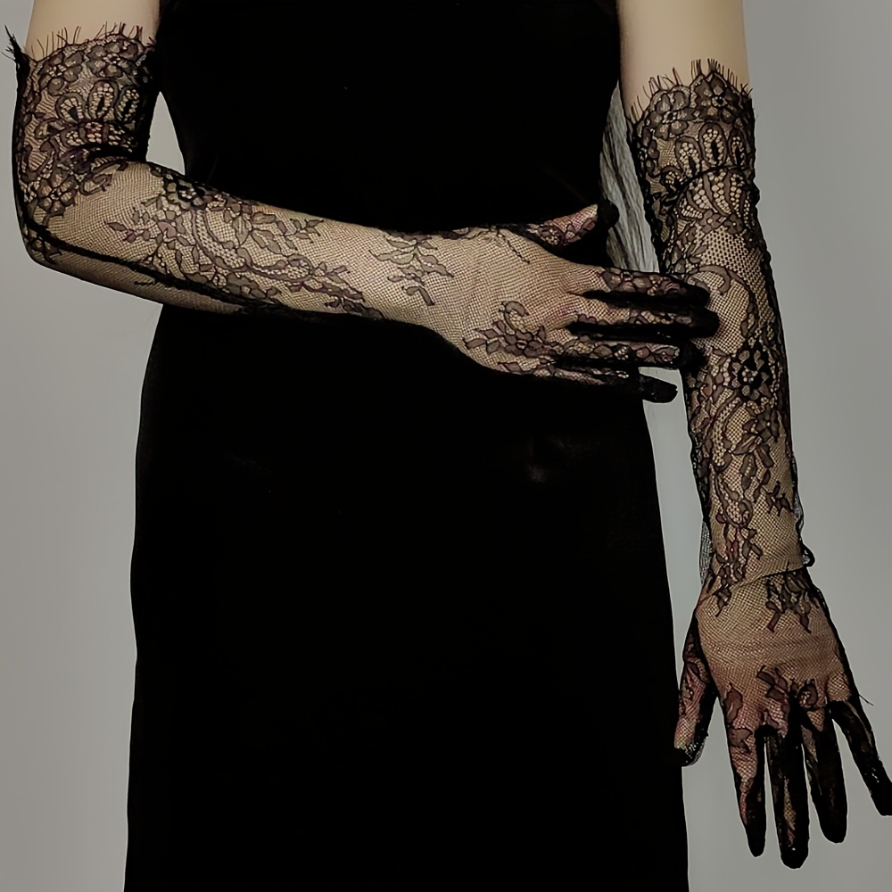 TEMU A Pair Of Long Lace Mesh Gloves For Women, Suitable For Wedding Dresses, Halloween, And Other Occasions, Featuring Black Lace Sleeves
