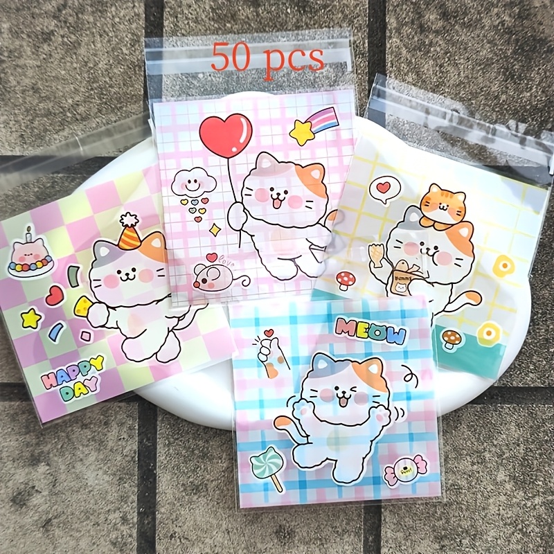 Image of 50pcs Cute Kitten Gift Bags With Pink Grid And Pattern Self-adhesive Packaging - Suitable For Birthday, Festival And Cat-themed Party Gifts, Made Of Plastic