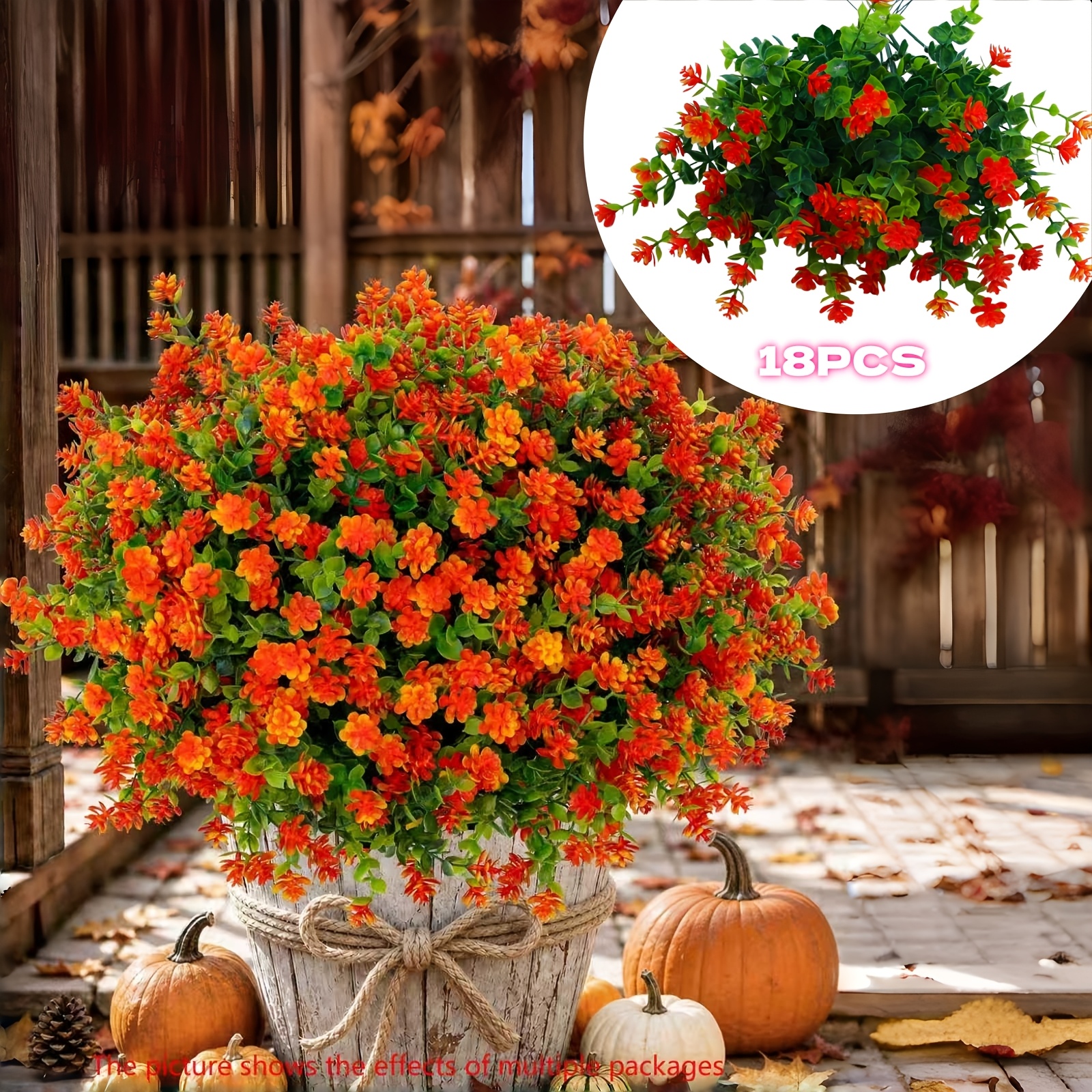TEMU 18pcs Artificial Mums For Outdoors, Fake Fall Flowers (red Orange) | Uv Resistant , No Fade - Porch, Patio, Window Box, Garden & Home Autumn