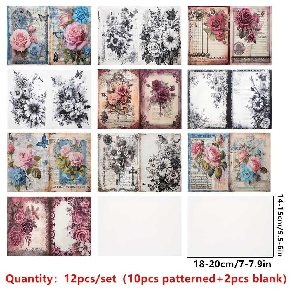 Image of 12pcs Of Sulfuric Acid Paper For Planners, Featuring A Background In Pink, Blue, Black, And White With A Rose Series, Semi-transparent Special Material For Scrapbooking, Journaling, Photo Albums