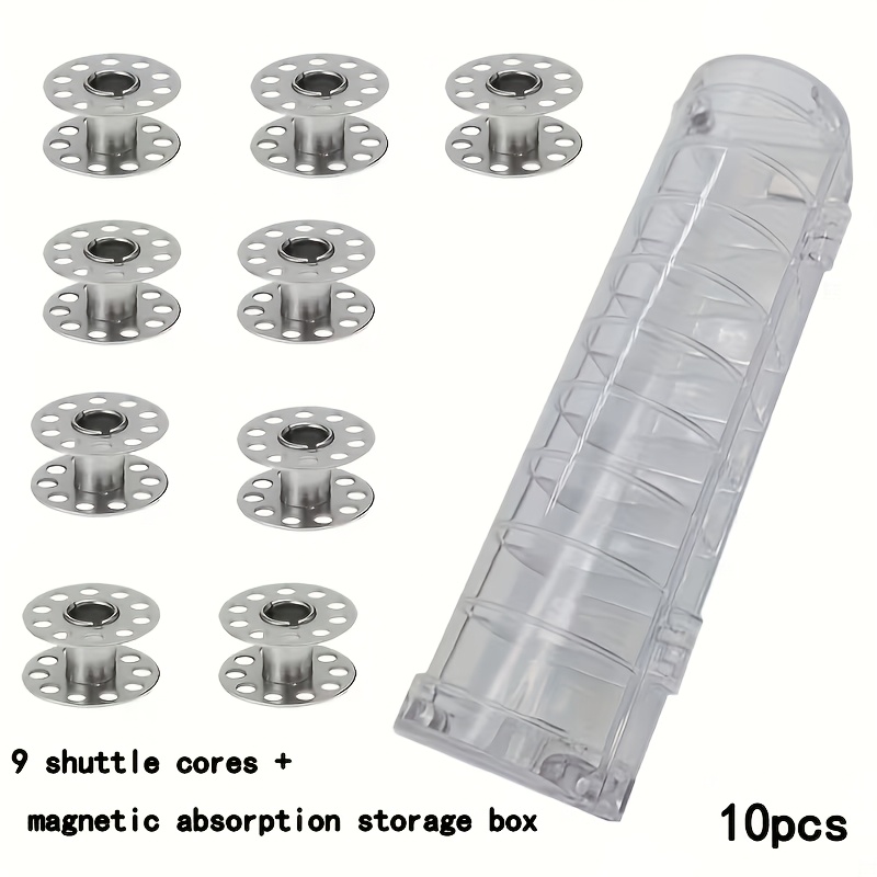 TEMU 10pcs Sewing Machine Bobbins Set, 9pcs Metal Bobbins With Magnetic Absorption Clear Storage Box, Sewing Thread Spools Organizer For Household