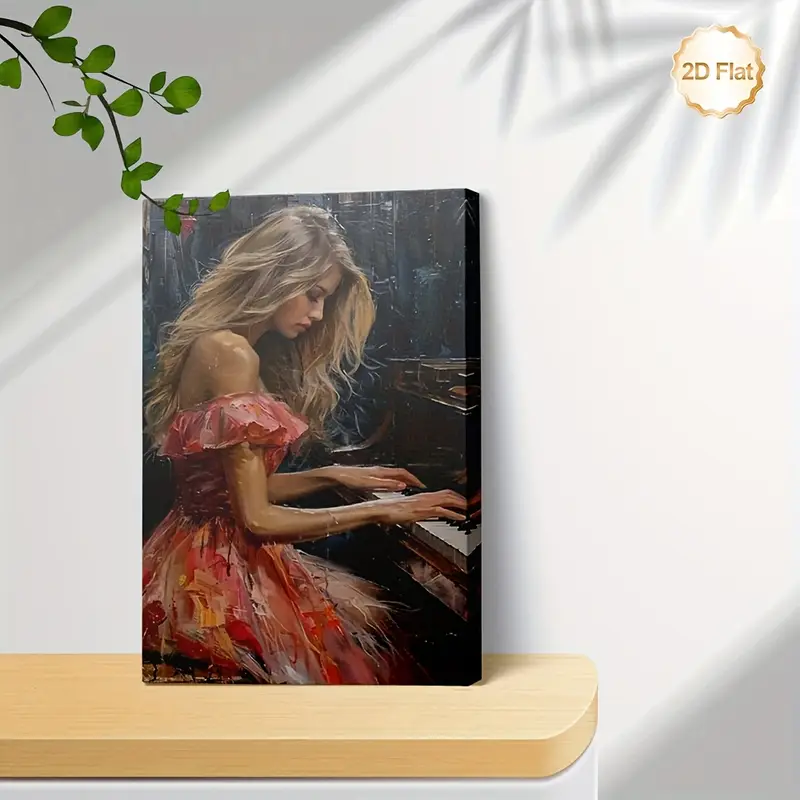 painting of woman playing piano in red dress Sonata" By M ditlef, Painted during the Victorian Era. Also known as "Girl In The Red