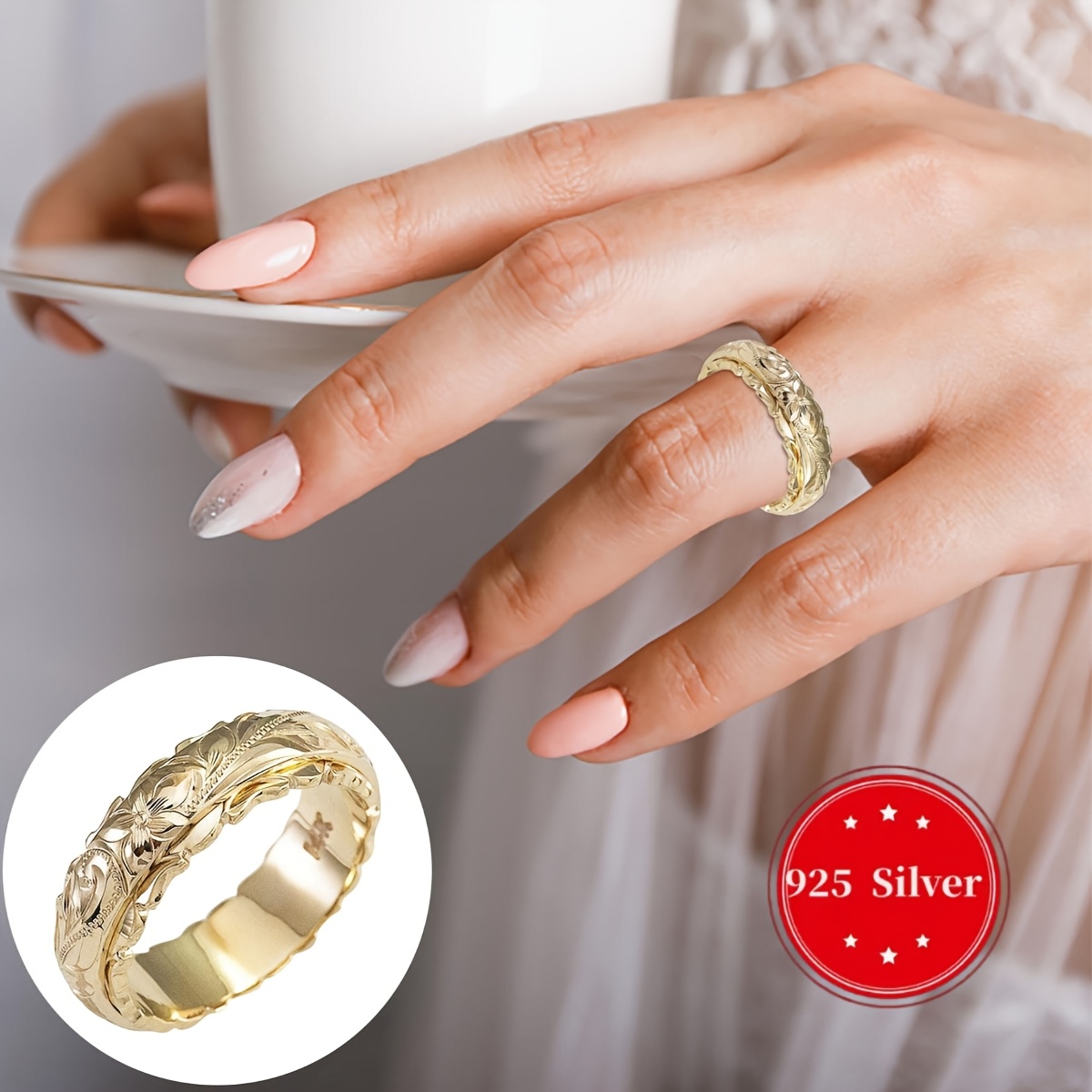 TEMU Yellow Gold Plated 925 Sterling Silvery Plumeria Flower Scroll Promise Ring Stackable Wedding Engagement Band Engraved Rose Flower Ring For Women