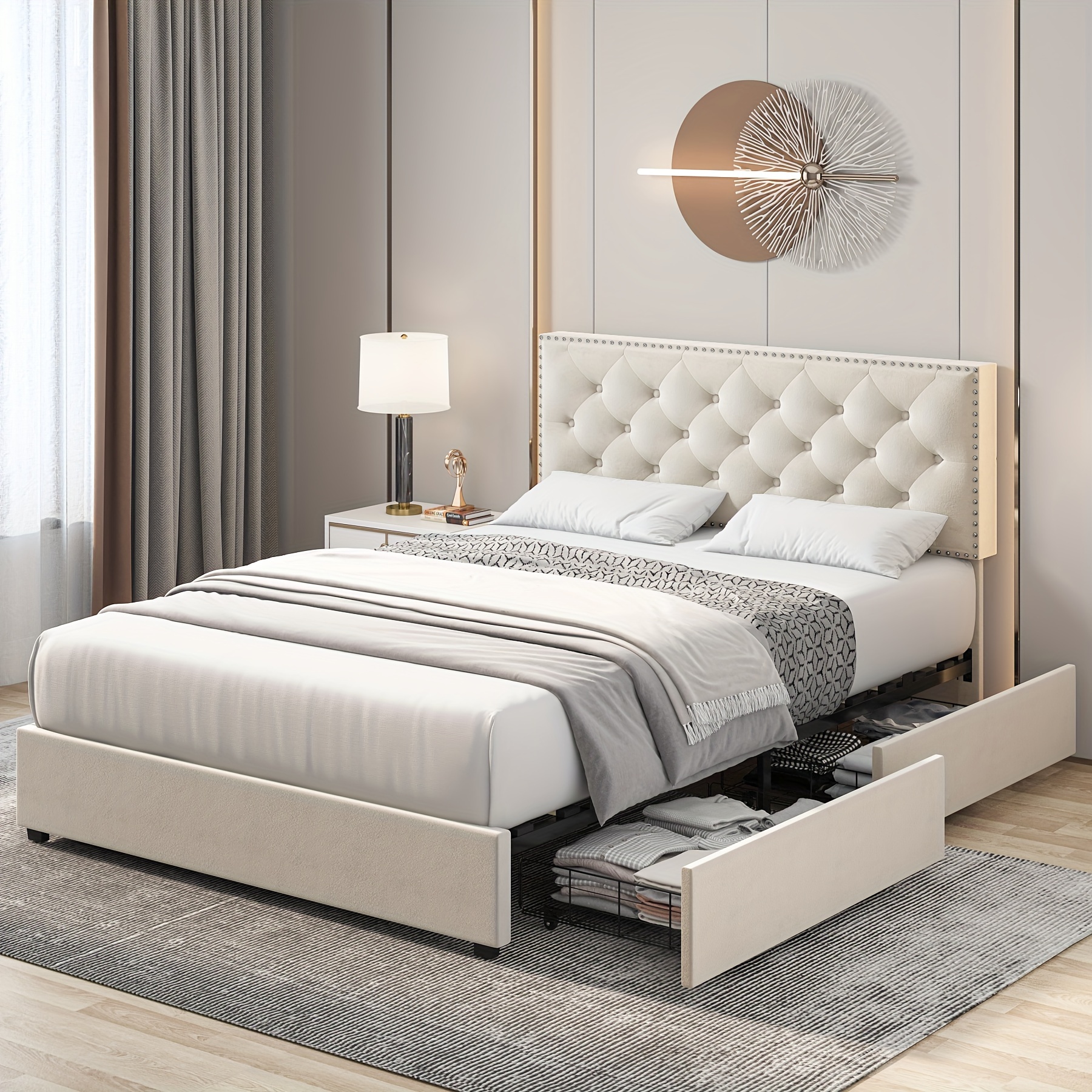 

Fultru Full/queen/king Size Bed Frame With 4 Storage Drawers, Modern Bed Frame With Adjustable Headboard, Upholstered Platform Bed With Button Tufted, Wood Slat Support, Spring Needed