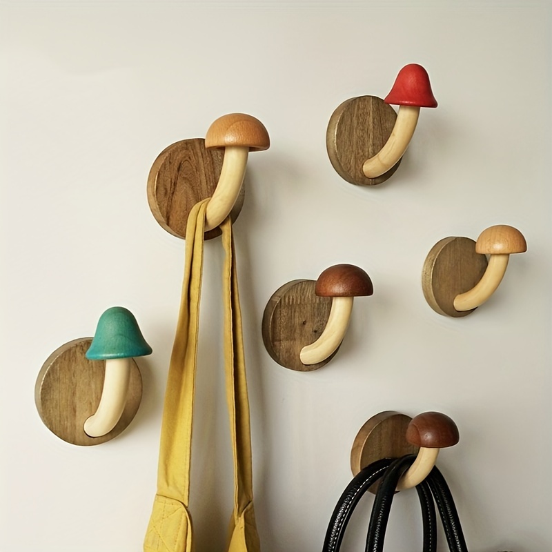 

Room Decor 1pc Wooden Mushroom Wall Hook, Self-adhesive, Decorative Storage Rack For Hats, Towels, Kitchen & Bathroom Accessory