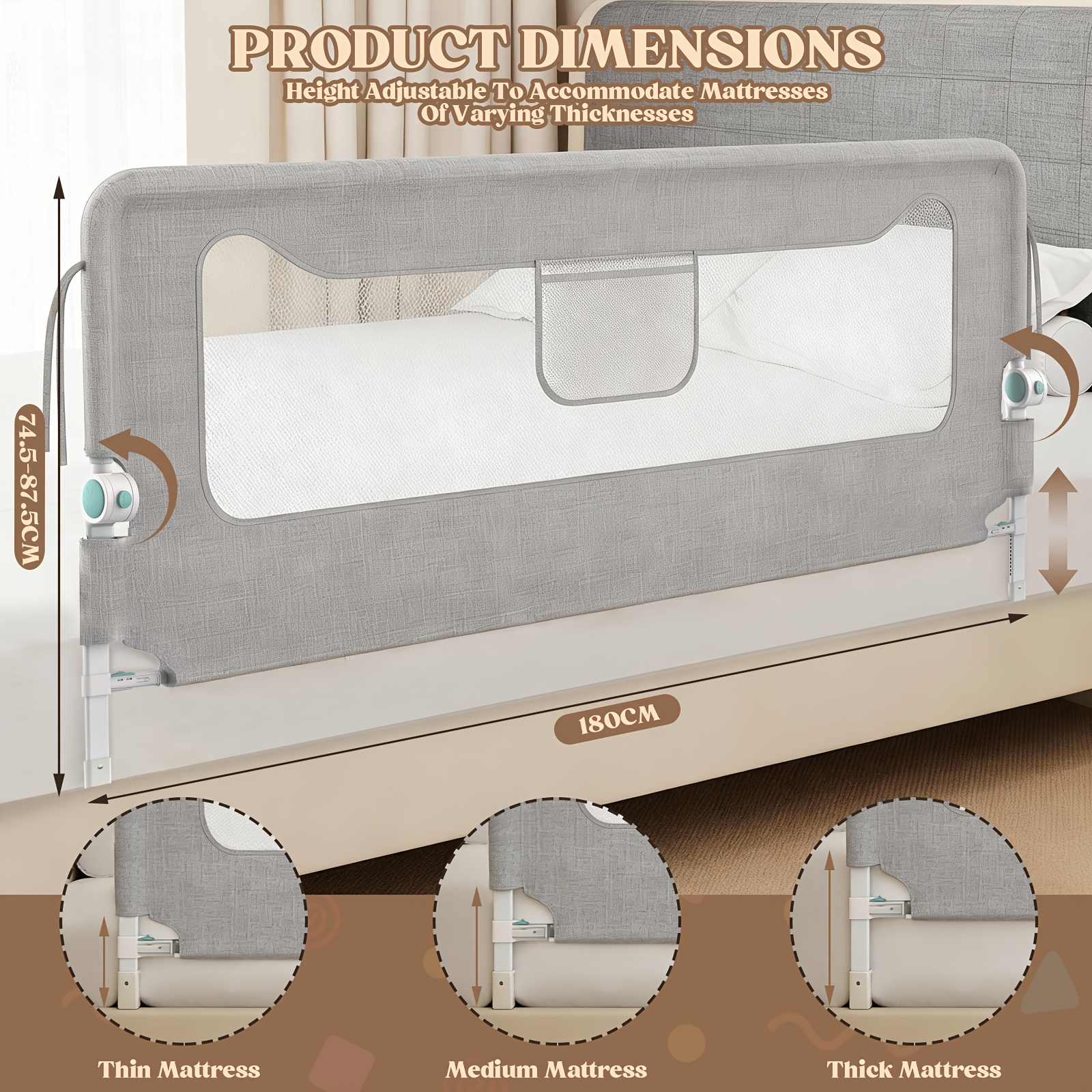 Image of Mxker Shop 150cm/180cm/200cm Foldable Lift Bed Rail, Elderly Bed Side Safety Handrail, Anti-fall Bed Guard With 14- Adjustment, Y-shaped Fixing Strap, U-splice Connector, For Senior Home Bedroom