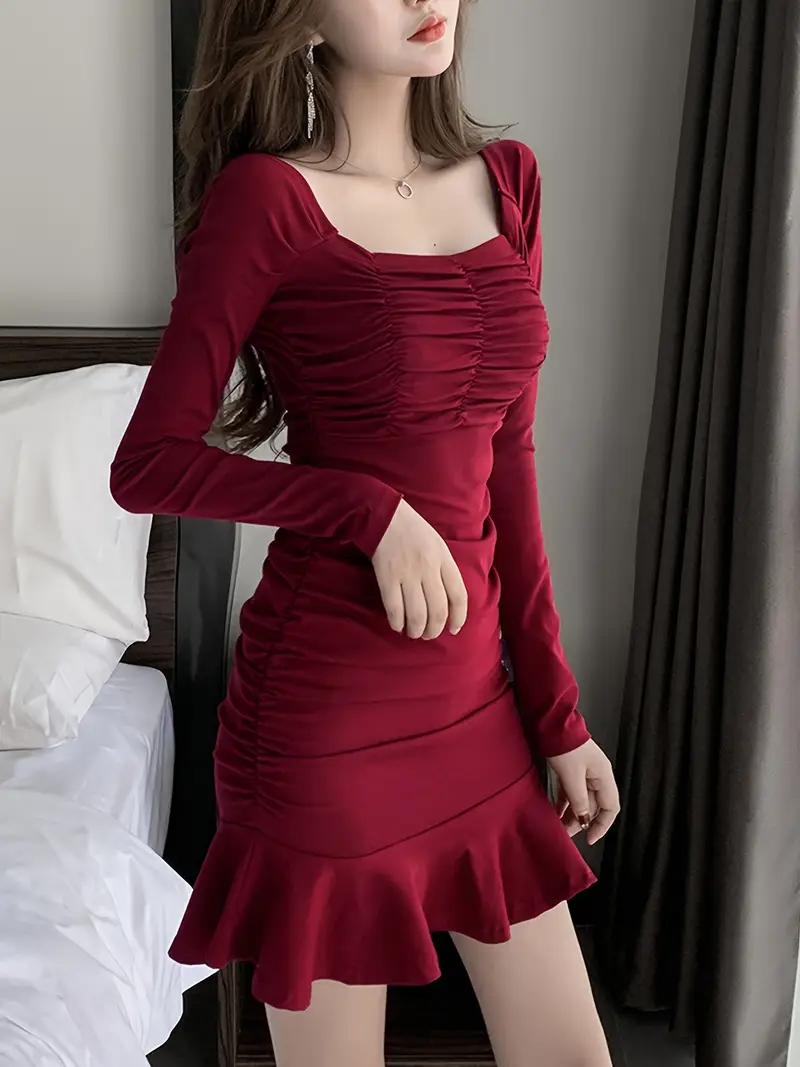 winter red bodycon dress Women's Red Bell Sleeve Bodycon Sweater Dress
