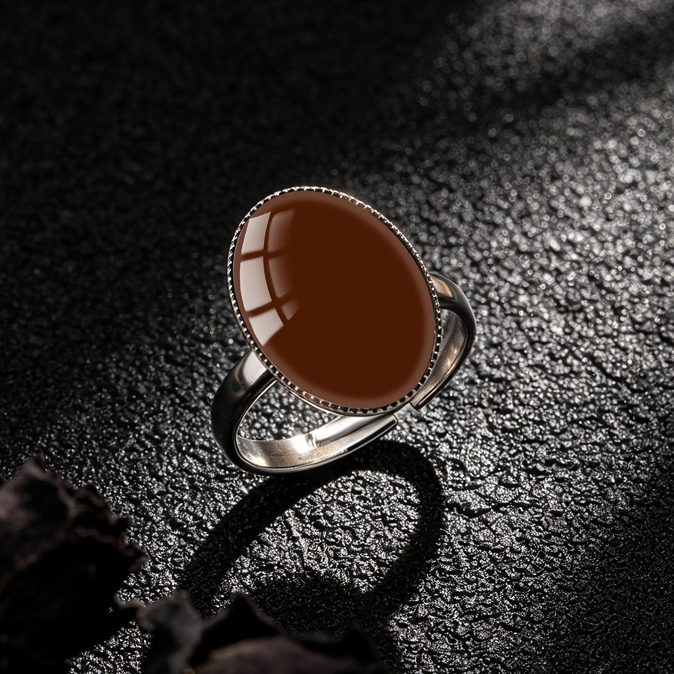 Women's Dark Brown Red Agate Pattern Oval Open Ring, Retro Style