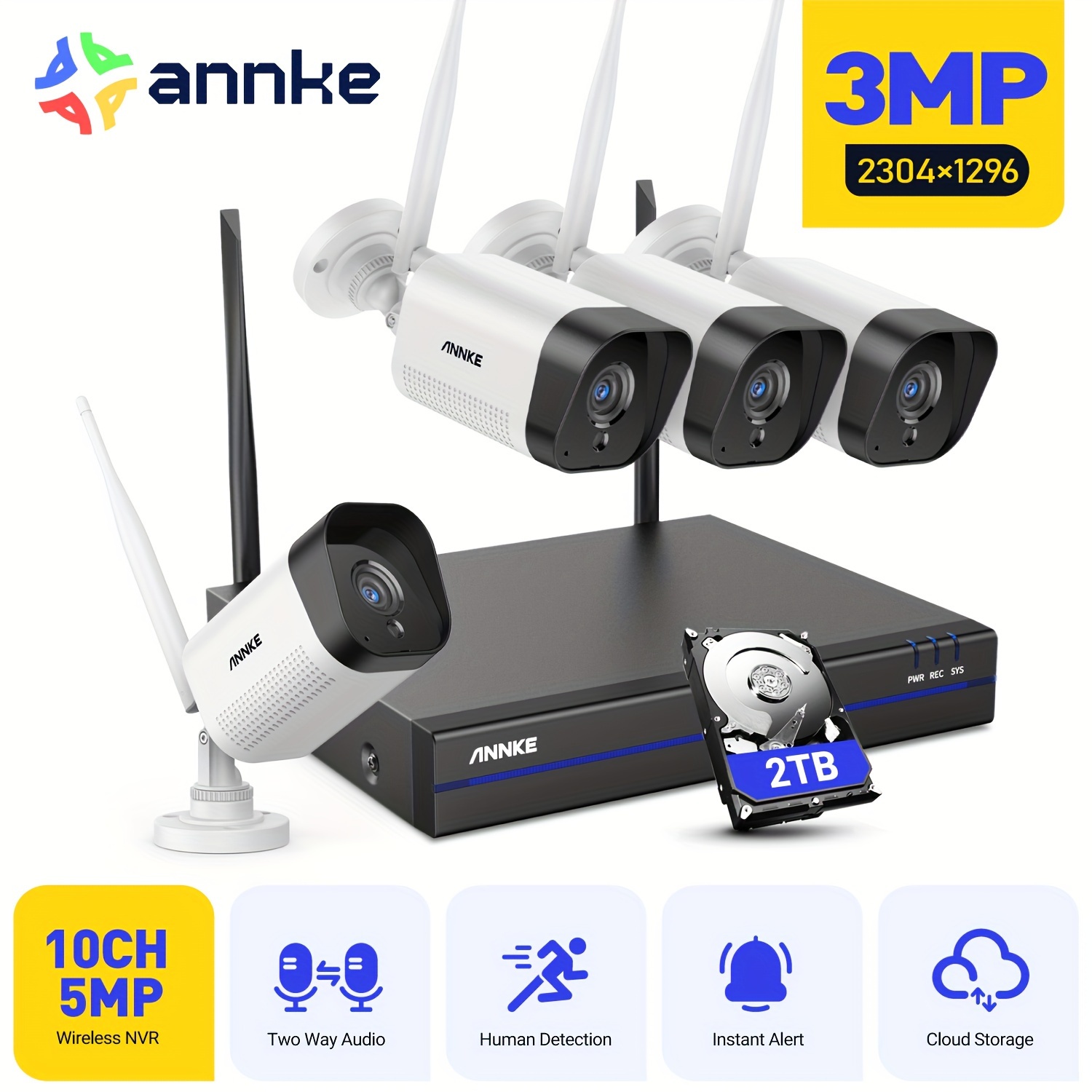 Image of Annke 3mp Wireless Cctv Surveillance System With 5mp 10ch Nvr, With 4pcs 3mp Wifi Cameras, 2tb Hard Drive, 2-way Audio, Person Detection With Real-time Alerts, 100ft Night Vision.