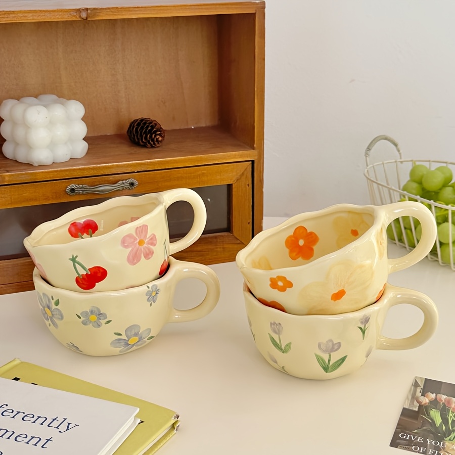 4pcs 1 set of cups 8 5oz hot selling ceramic cups tulip cups cherry small flower mugs matcha tea cup oatmeal cups breakfast cups coffee cups flower tea cup birthday gifts christmas halloween or caf e use reusabl Product details 2