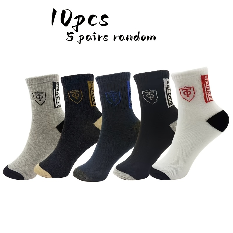 TEMU 10pcs / 5 Pairs Random Men's Comfortable Breathable Sports Socks, Fashionable Letter Print High-elasticity Outdoor Running Socks,