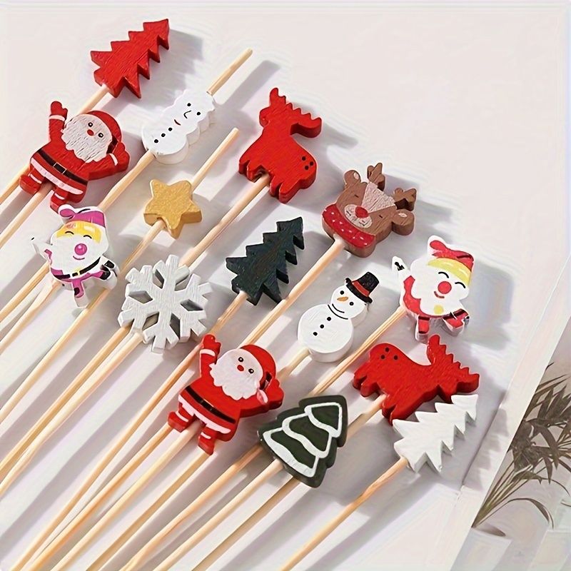 

100pcs Christmas Bamboo & Snack Picks - Festive Santa Claus Designs For Holiday Parties, Table Decor & Dining Room Accessories