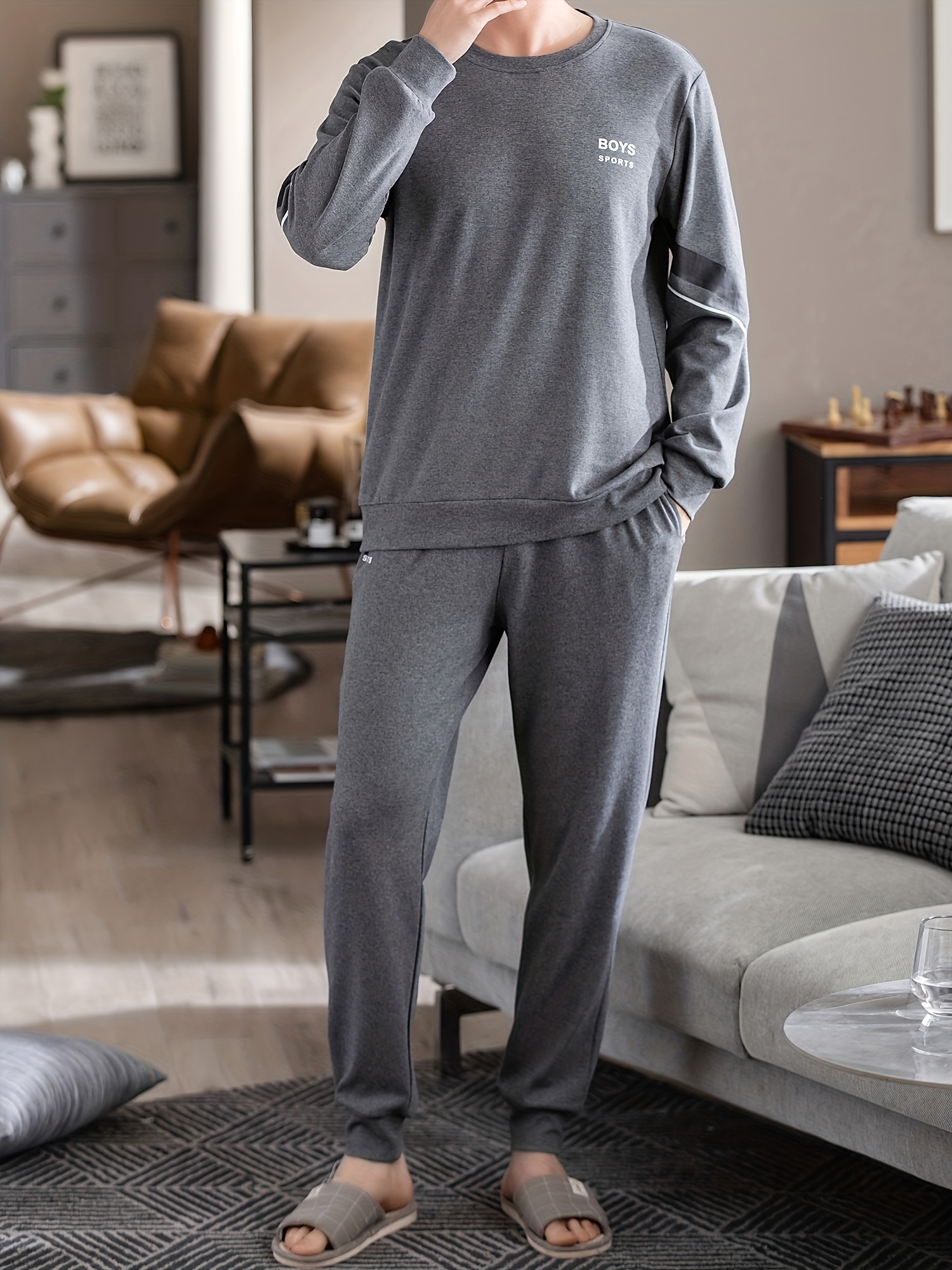DOLAMI Men's Casual Cotton Pajama Set - 100% Cotton Crew Neck Long Sleeve Sleepwear with Pockets, Alphabets Pattern, Knit Fabric, Slight Stretch, Regular Fit Lounge Set for Spring/Fall