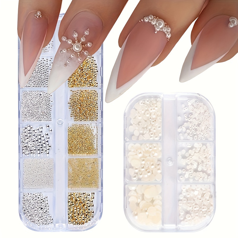 

1000pcs (2 Boxes) Nail Art Pearl Flat Pearl Nail Charm Gold Silver White Half Circle Nail Art Supplies Luxury Design Nail Accessories Rhinestones Mixed Various Sizes 0.8mm-5mm Women Nail Decoration