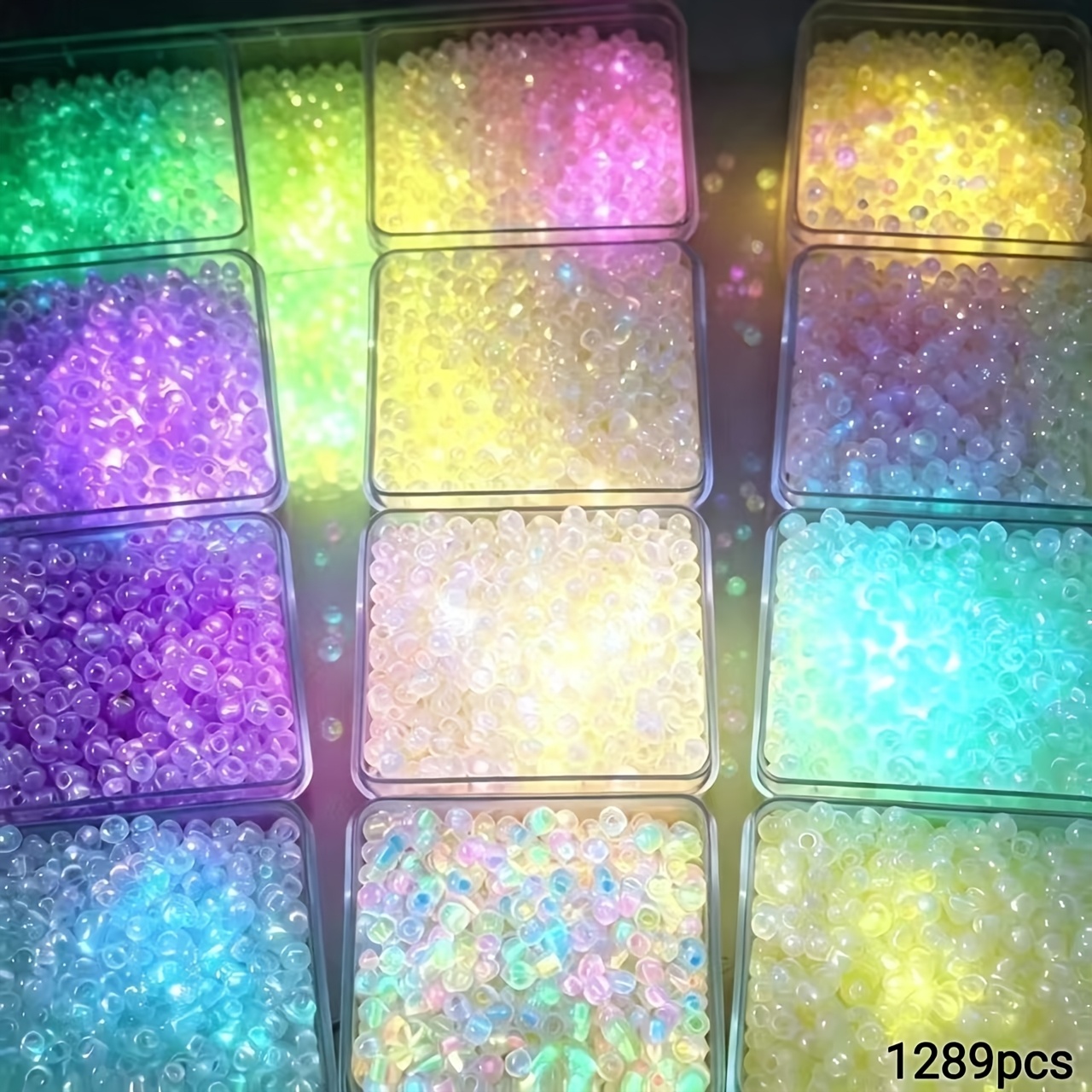 TEMU 1289pcs Perles de verre phosphorescentes de 3 mm, perles de grain fluorescentes transparentes, matériaux de à , bracelet collier accessoire pour