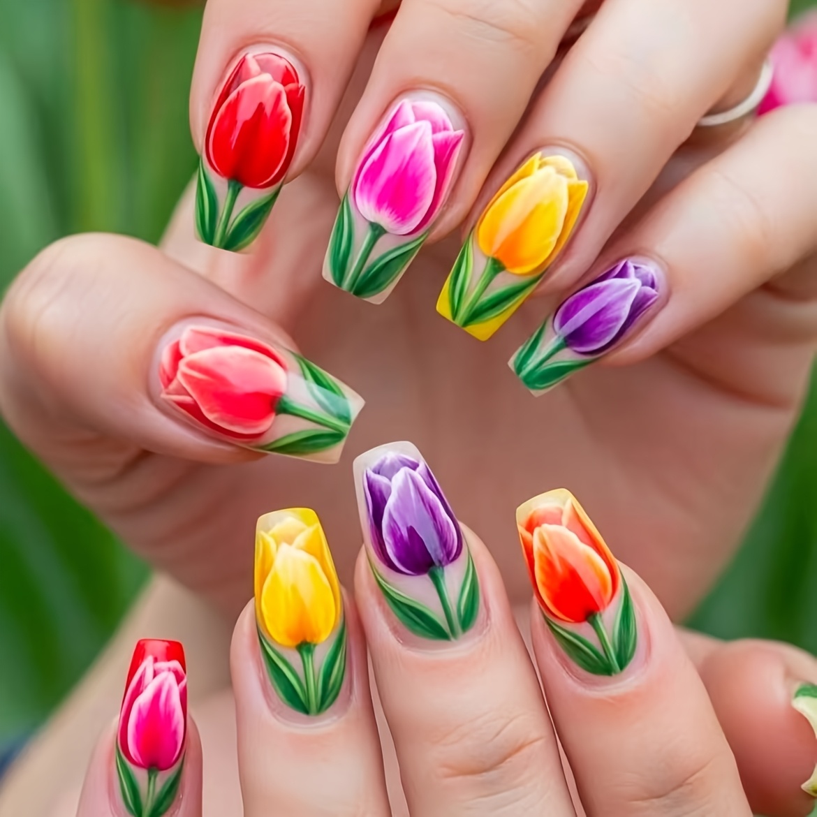 TEMU Garden Tulip Press-on Nails, Gradient Hand-painted Floral Nail Art, Gentle Spring-summer Style, Brightening Removable Nail Stickers