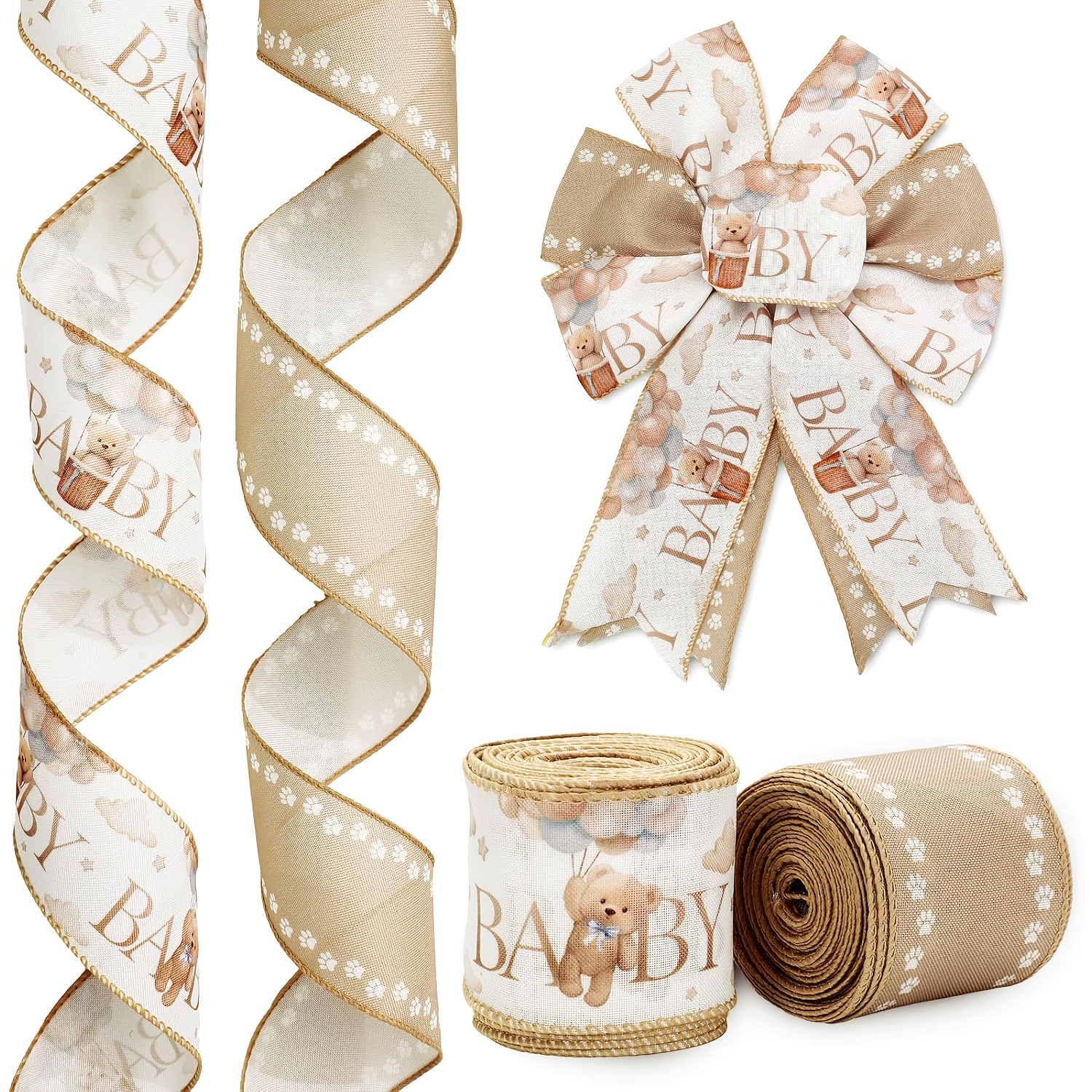 Image of 2 Rolls Of Children's Shower Wired Edge Ribbon Brown Craft Fabric Ribbon Suitable For Diaper Cake Wreath Bow Diy Crafts Gift Wrapping Party Decorations
