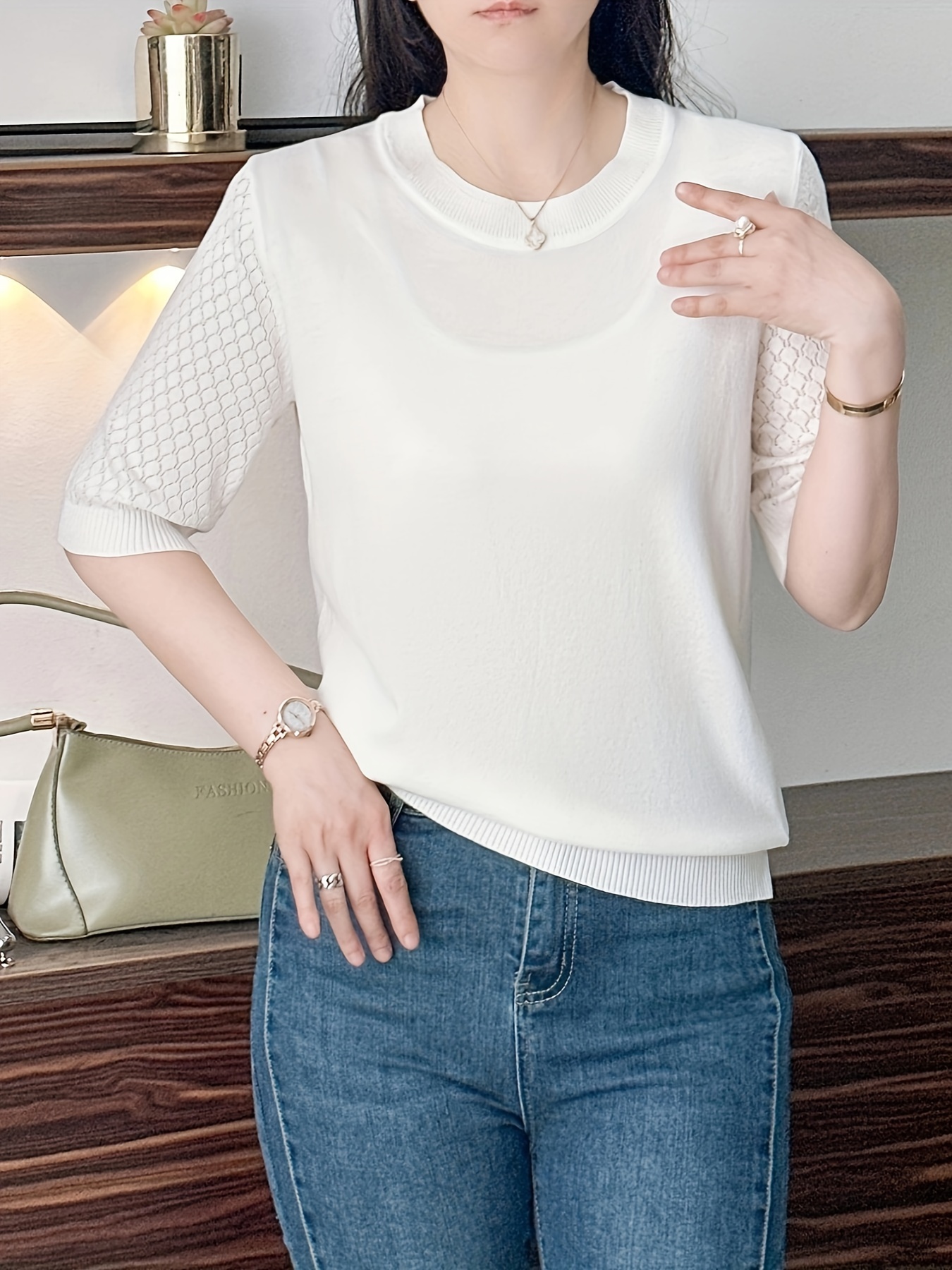 Jeans Sueter Con Solo Mangas Jersey Cuello Solo Color Suéter Manga