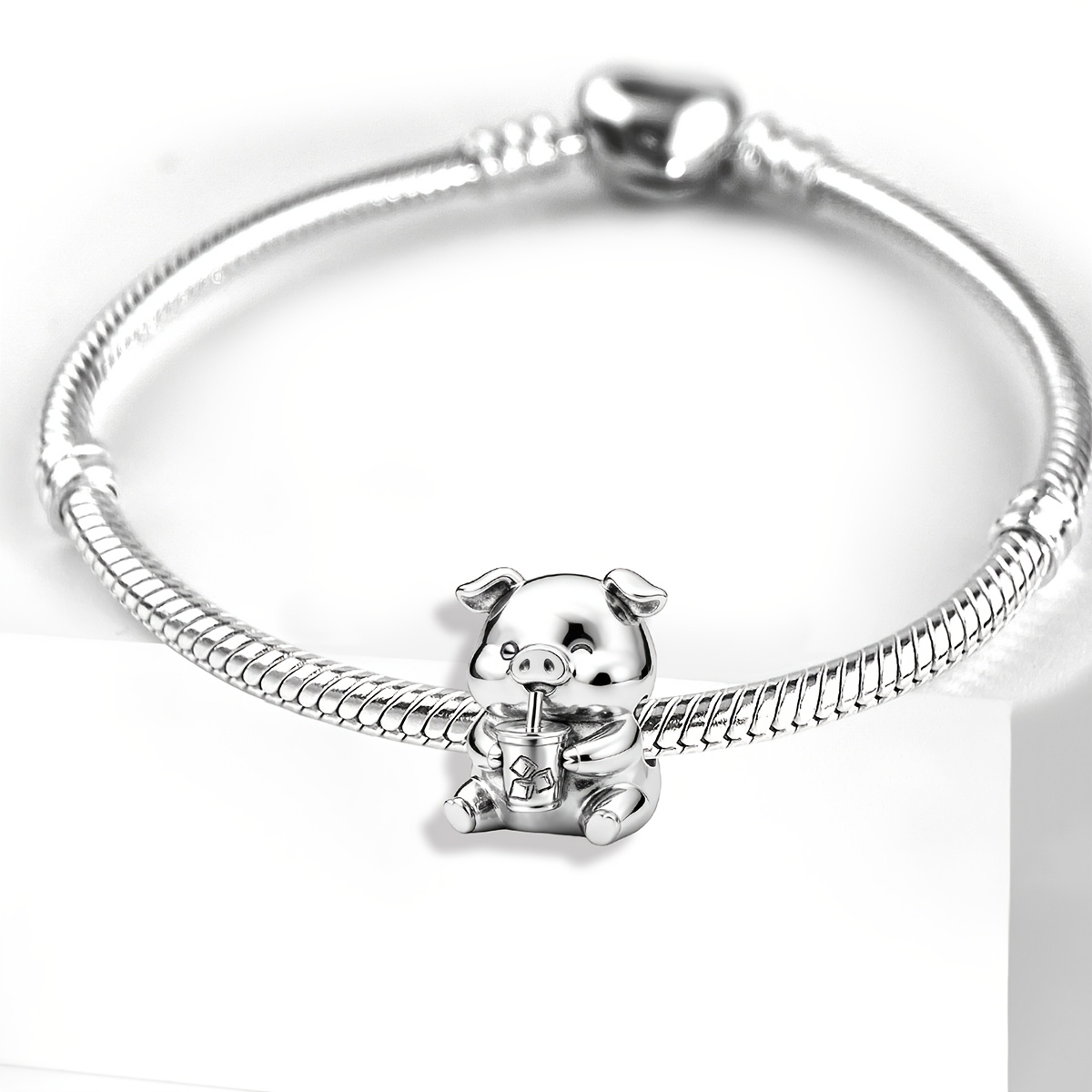 925 Silver Plated Pig Bead Charm for DIY Jewelry Making