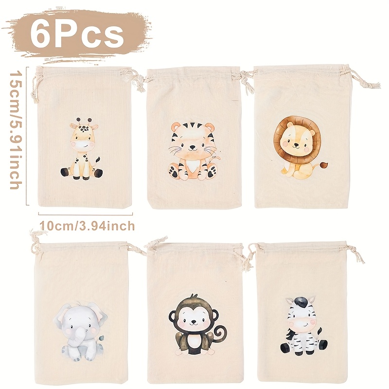 Image of 6pcs Wild 1 Jungle Animals Drawstring Bag - Baby Shower & 1st Birthday Party Favor Bags With, Elephant, Giraffe,, Monkey & Hippo For Theme Decorations, Packing Bags For Guests (),chrismas,halloween
