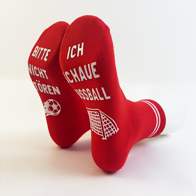 Image of 1 Pair Of Men's Comfortable And Breathable Striped Red Soccer Socks ", Ich Schaue Fußball" Non-slip Dispensing Men's Sports Socks