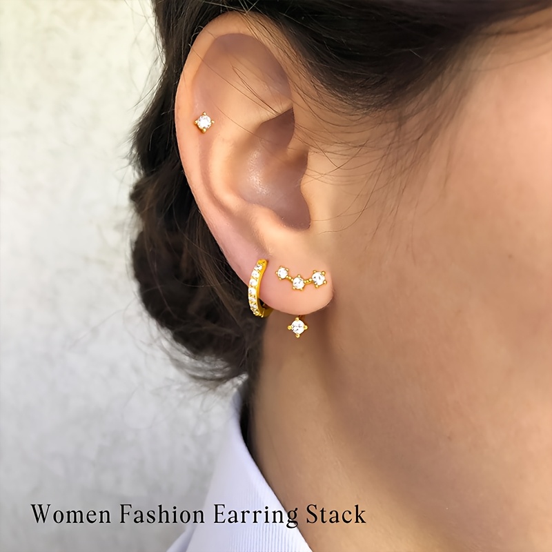 Image of 3pcs Golden Stud Earrings Set For Women, Huggie Hoop Jacket Studs Earring , Hypoallergenic Dainty Trendy Women Fashion Additions Jewelry Gifts