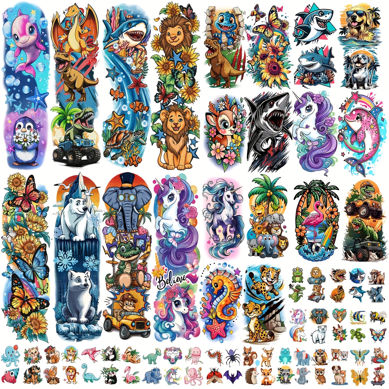 52 Pcs Temporary Tattoo Stickers - Full Arm Sleeves & Small Designs, Unicorn, Butterfly, Car, Dinosaur, Colorful Animal Theme For Parties, Halloween & Christmas Gifts