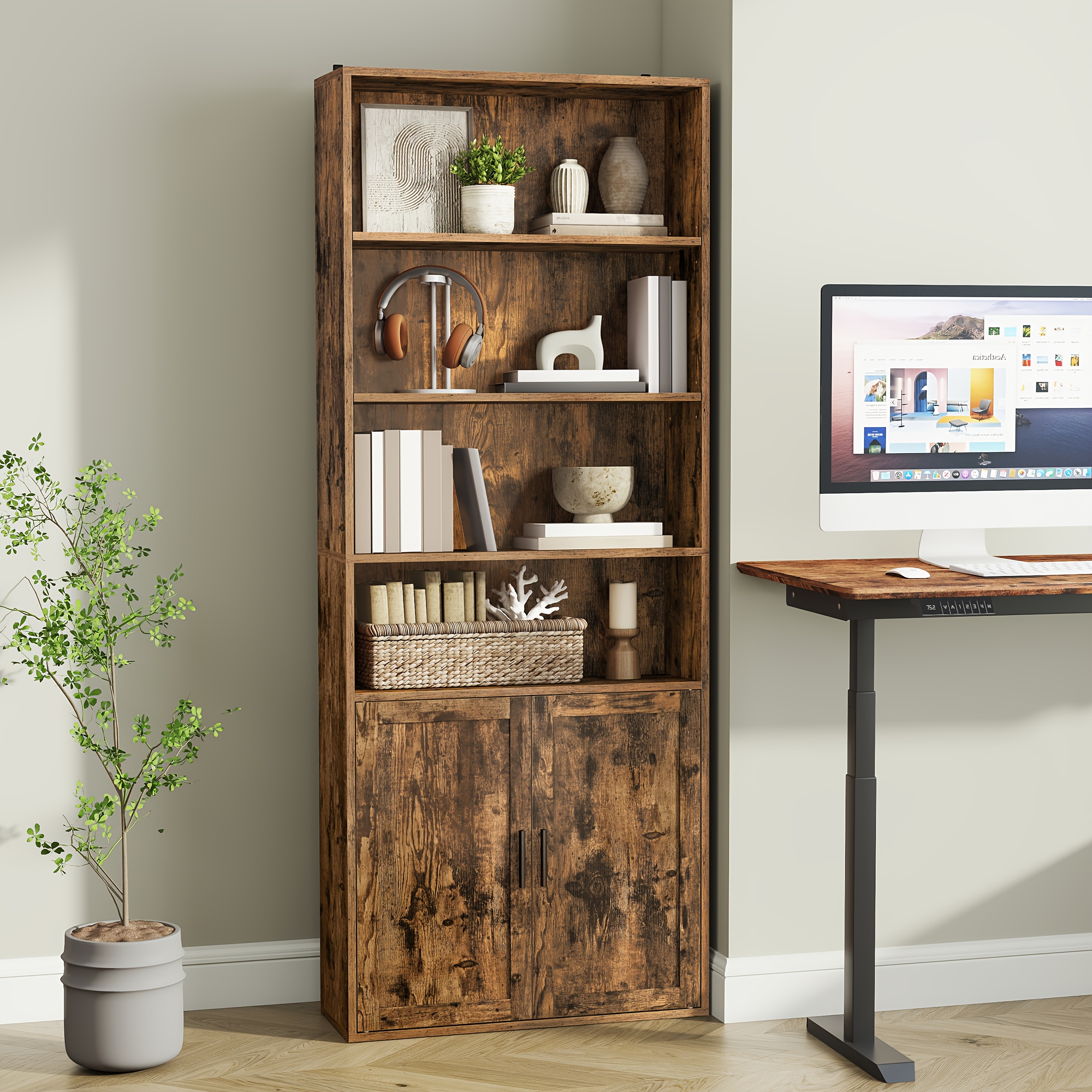Tall 6-shelf Bookcase, Storage Unit With Doors, Dimensions 24 X 60 X 175 Cm, Suitable For Living Room, Home Office, And Dining Room