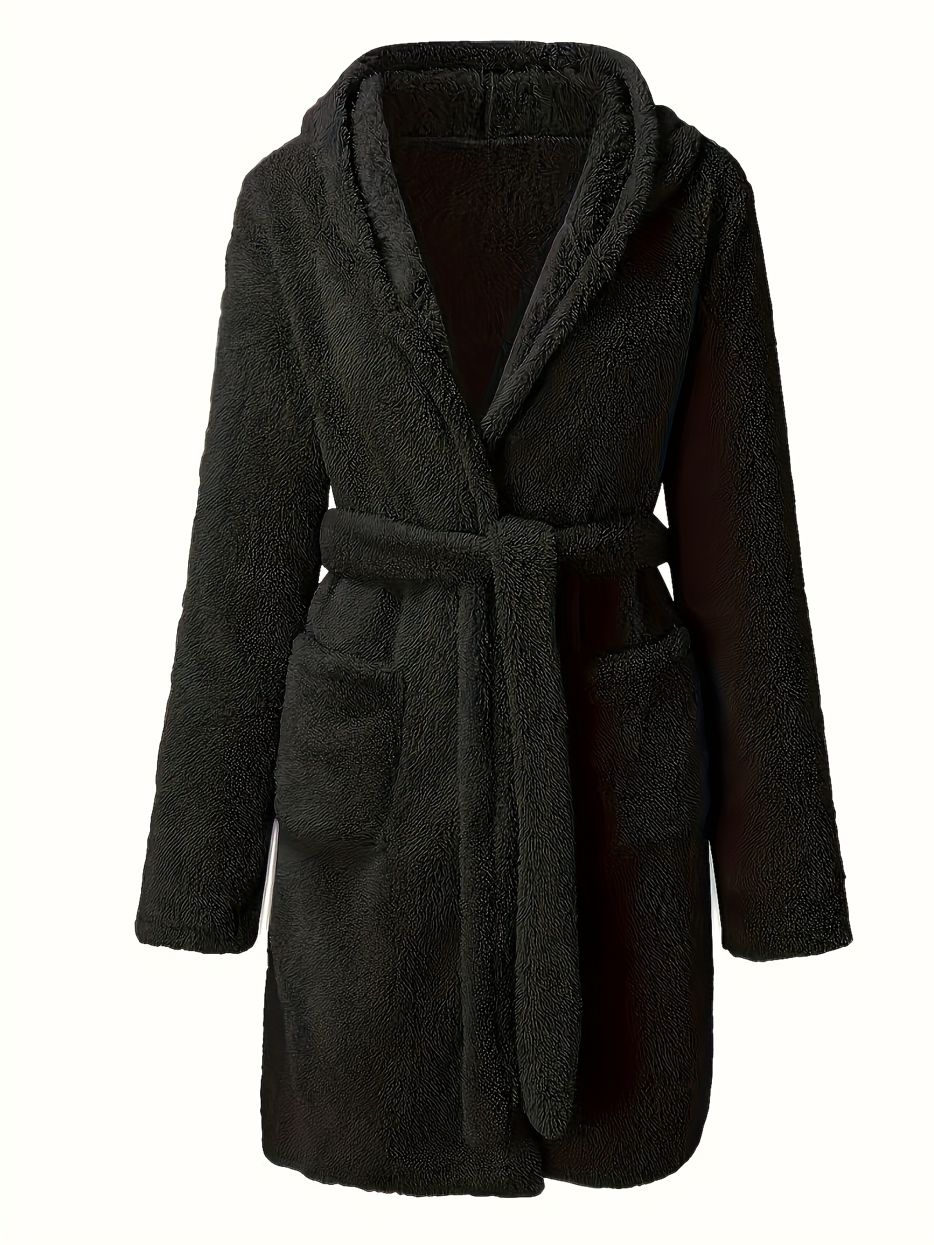 soft fleece hooded   solid color warm bathrobe with pockets